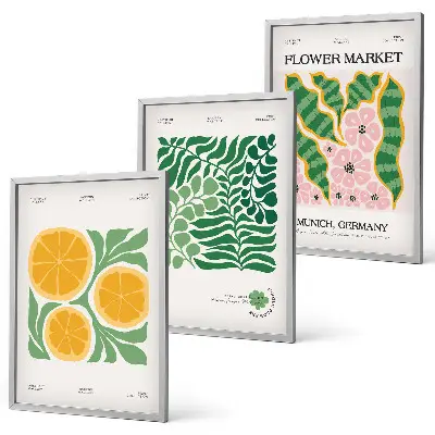 Conjunto de quadros para sala de estar com motivos de frutas e plantas em tons pastel