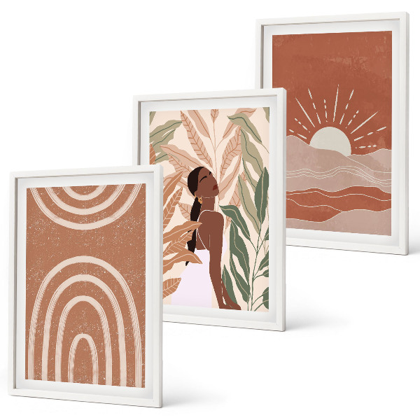 Conjunto de 3 quadros com moldura Formas abstratas boho