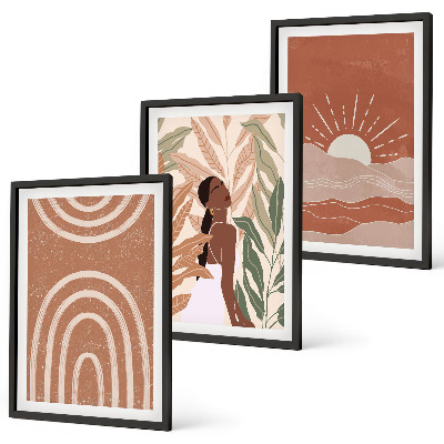 Conjunto de 3 quadros com moldura Formas abstratas boho