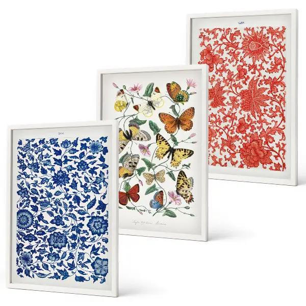 Conjunto de quadros para sala de estar com estética vintage de flores e borboletas