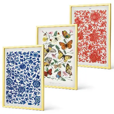 Conjunto de quadros para sala de estar com estética vintage de flores e borboletas