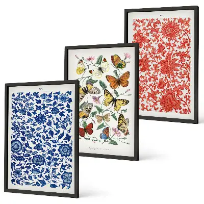 Conjunto de quadros para sala de estar com estética vintage de flores e borboletas