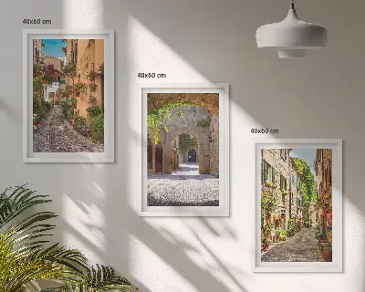 Composição de quadros moderna com estética de ruas italianas, flores e arquitetura
