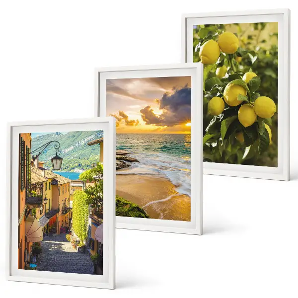 Composição de quadros moderna com temática de ruas, mar, praia e laranjeiras