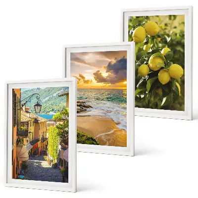 Composição de quadros moderna com temática de ruas, mar, praia e laranjeiras