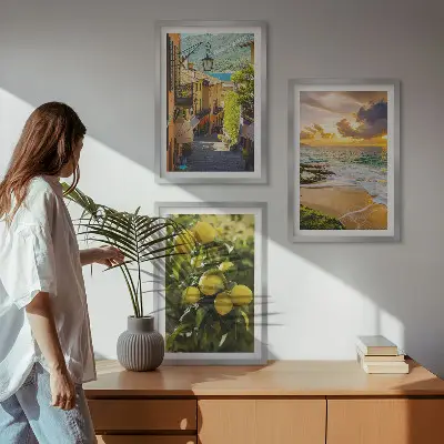 Composição de quadros moderna com temática de ruas, mar, praia e laranjeiras