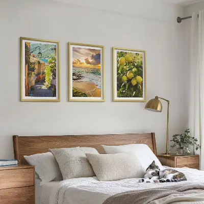 Composição de quadros moderna com temática de ruas, mar, praia e laranjeiras