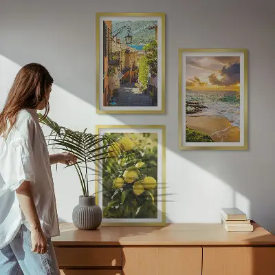 Composição de quadros moderna com temática de ruas, mar, praia e laranjeiras