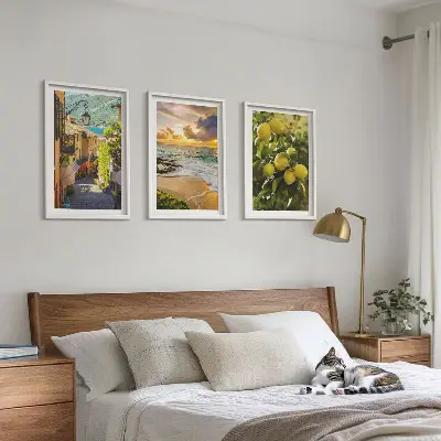 Composição de quadros moderna com temática de ruas, mar, praia e laranjeiras