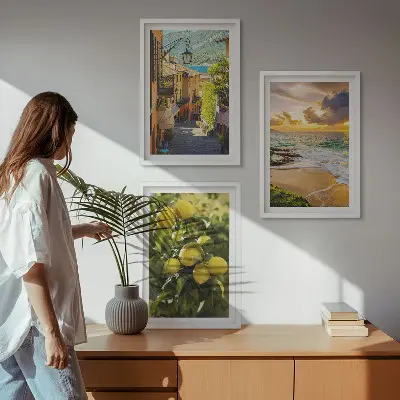 Composição de quadros moderna com temática de ruas, mar, praia e laranjeiras