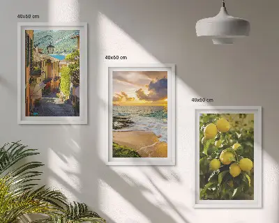 Composição de quadros moderna com temática de ruas, mar, praia e laranjeiras