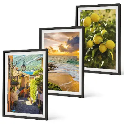 Composição de quadros moderna com temática de ruas, mar, praia e laranjeiras