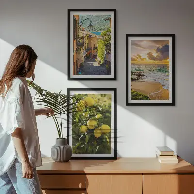 Composição de quadros moderna com temática de ruas, mar, praia e laranjeiras
