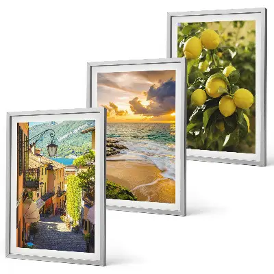 Composição de quadros moderna com temática de ruas, mar, praia e laranjeiras