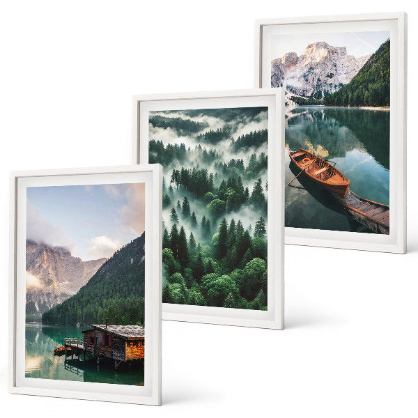 Conjunto de quadros para sala de estar barco na floresta do lago da montanha neblina