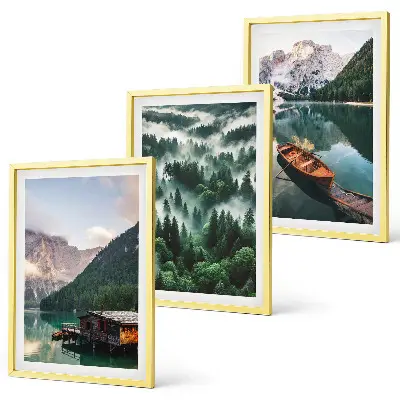 Conjunto de quadros para sala de estar barco em lago na floresta com montanha e neblina