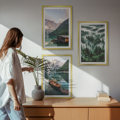 Conjunto de quadros para sala de estar barco na floresta do lago da montanha neblina