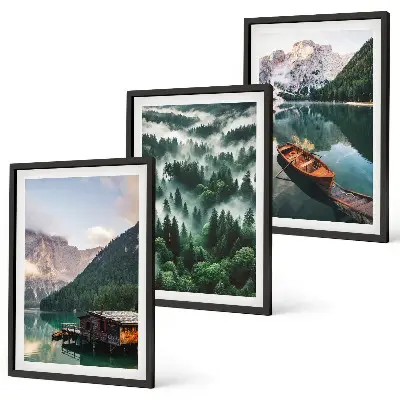Conjunto de quadros para sala de estar barco em lago na floresta com montanha e neblina