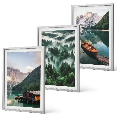 Conjunto de quadros para sala de estar barco em lago na floresta com montanha e neblina
