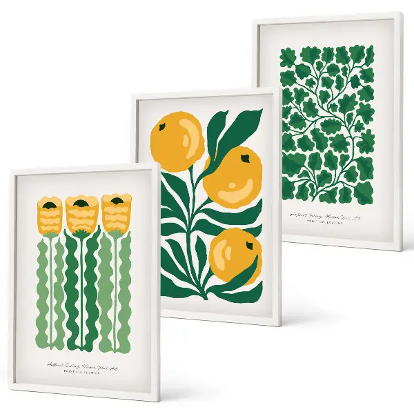 Conjunto de quadros para sala de estar com padrões de plantas, flores e folhas
