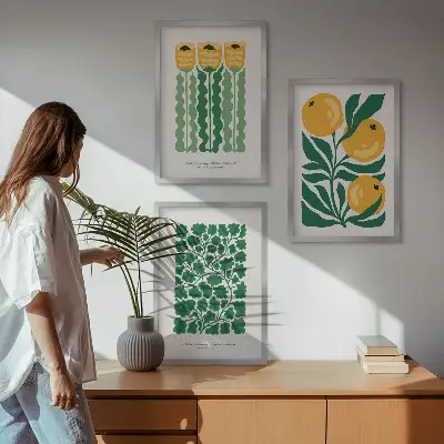 Conjunto de quadros para sala de estar com padrões de plantas, flores e folhas