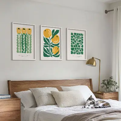 Conjunto de quadros para sala de estar com padrões de plantas, flores e folhas