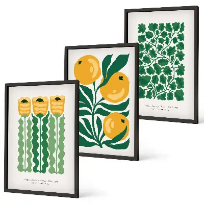 Conjunto de quadros para sala de estar com padrões de plantas, flores e folhas