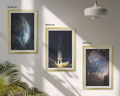 Conjunto de quadros decorativos modernos tema espaço terra foguete e galáxia
