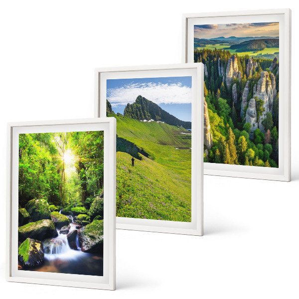 Conjunto de 3 quadros com moldura Floresta de cachoeiras nas montanhas verdes