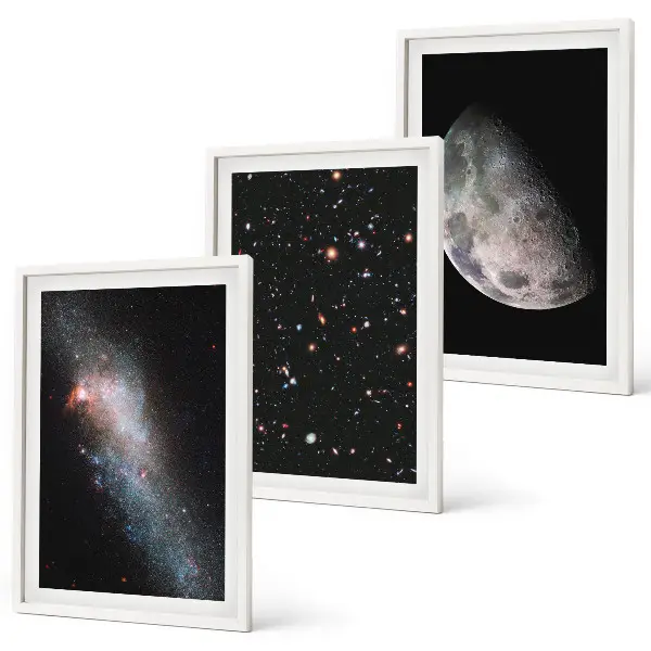 Conjunto de quadros para sala de estar com tema de galáxias, estrelas e lua