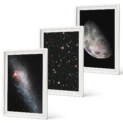 Conjunto de quadros para sala de estar com tema de galáxias, estrelas e lua
