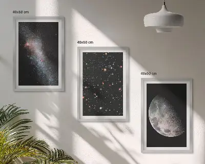 Conjunto de quadros para sala de estar com tema de galáxias, estrelas e lua