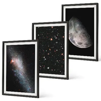 Conjunto de quadros para sala de estar com tema de galáxias, estrelas e lua