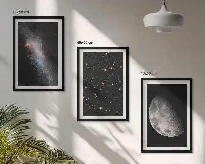 Conjunto de quadros para sala de estar com tema de galáxias, estrelas e lua