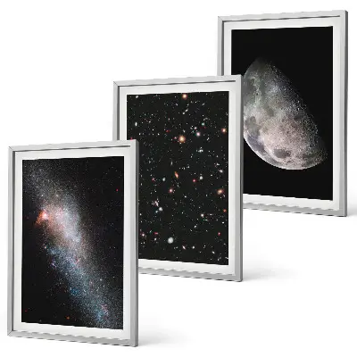 Conjunto de quadros para sala de estar com tema de galáxias, estrelas e lua