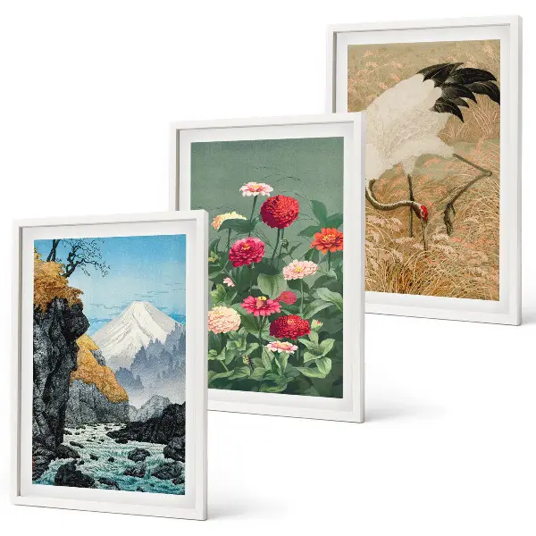 Conjunto de 3 quadros com moldura de paisagem montanhosa com rio flores e garças