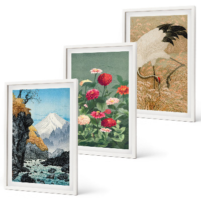 Conjunto de 3 quadros com moldura paisagem montanhosa rio flores garças