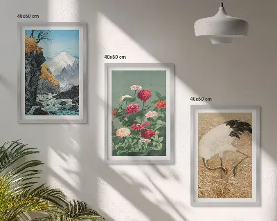 Conjunto de 3 quadros com moldura de paisagem montanhosa com rio flores e garças