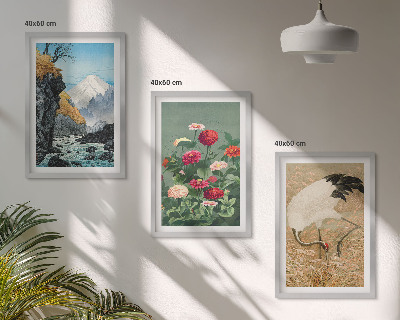 Conjunto de 3 quadros com moldura paisagem montanhosa rio flores garças