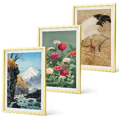 Conjunto de 3 quadros com moldura de paisagem montanhosa com rio flores e garças