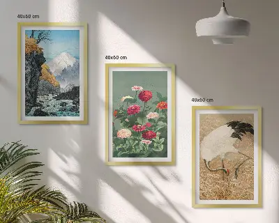 Conjunto de 3 quadros com moldura de paisagem montanhosa com rio flores e garças