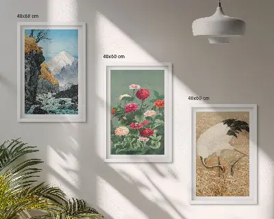 Conjunto de 3 quadros com moldura de paisagem montanhosa com rio flores e garças