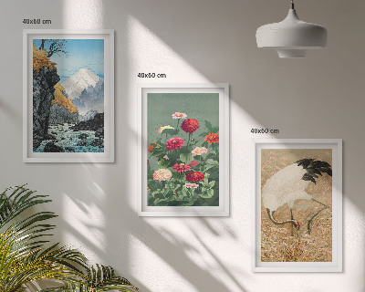 Conjunto de 3 quadros com moldura paisagem montanhosa rio flores garças