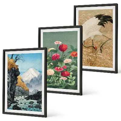 Conjunto de 3 quadros com moldura de paisagem montanhosa com rio flores e garças