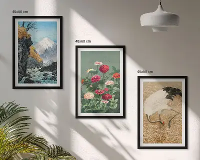 Conjunto de 3 quadros com moldura de paisagem montanhosa com rio flores e garças