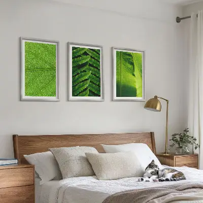 Conjunto de quadros para sala de estar com fotografia macro de folhas tropicais