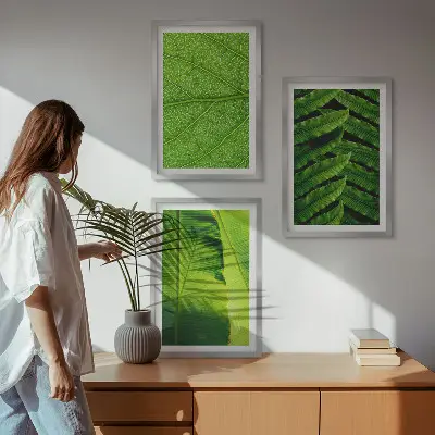 Conjunto de quadros para sala de estar com fotografia macro de folhas tropicais