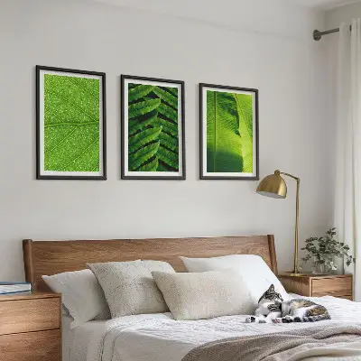 Conjunto de quadros para sala de estar com fotografia macro de folhas tropicais