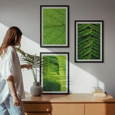 Conjunto de quadros para sala de estar com fotografia macro de folhas tropicais
