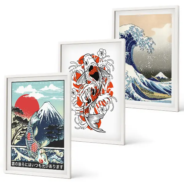 Composição de quadros moderna com o tema Grande Onda japonesa com montanhas e peixes
